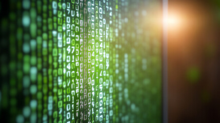 Close-up view of green binary code displayed on a digital screen, symbolizing data processing and technological advancements.