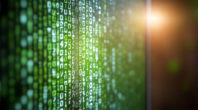 Close-up view of green binary code displayed on a digital screen, symbolizing data processing and technological advancements.