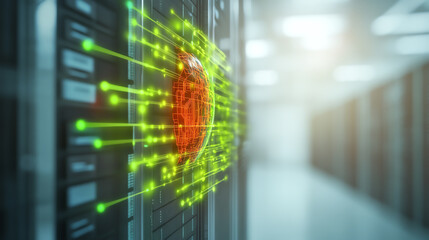 Futuristic server room with vibrant data visualizations showcasing advanced technology and innovation in digital infrastructure.