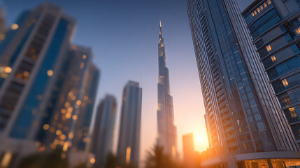 Fototapeta premium Stunning sunset view of skyscrapers, showcasing modern architecture and urban beauty in a bustling city landscape.
