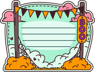 Halloween holiday garland kids memo note frame. Creepy schedule sticker, autumn scary diary vector memo note. Halloween holiday planner to do list label with spider cobwebs, sky and garland on pillars
