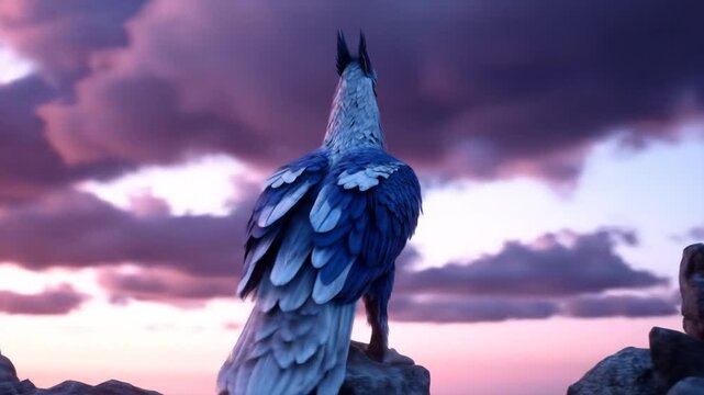 Majestic mythical bird perches atop a rocky outcrop against a vibrant twilight sky.
