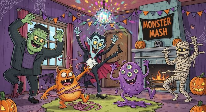 Monster Mash Party Scene - Cartoon monsters dancing at a Halloween party, celebrating the spooky season with pumpkins and a disco ball - Powered by Adobe