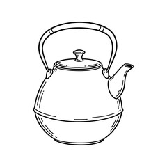 A hand-drawn black and white illustration of a classic teapot with a lid and a curved handle, perfect for kitchen or beverage-related designs.
