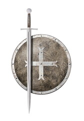 sword and shield decorated with iron cross isolated on white