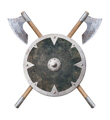 two axes and rusty metal shield isolated on white