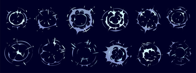 Explosion motion and fight cartoon comics effect. Vector exploded bomb burst, boom or blast comic effects and anime manga elements set with white smoke clouds, explosive speed motion and action lines