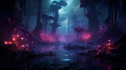 Extraterrestrial Jungle Landscape with Luminescent Plants at Night
