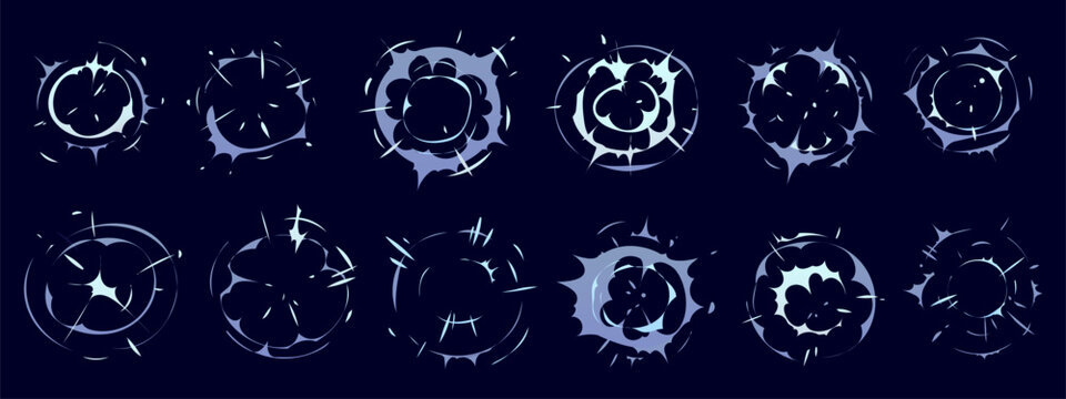Explosion motion and fight cartoon comics effect. Vector exploded bomb burst, boom or blast comic effects and anime manga elements set with white smoke clouds, explosive speed motion and action lines