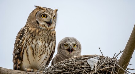 Owls In Their Natural Habitat - A mother owl and her baby are perched together in a nest. This captures a touching moment in nature