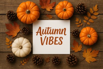 Autumn flat lay with pumpkins, pine cones, leaves, and Autumn Vibes sign, perfect for seasonal decor or fall-themed designs.