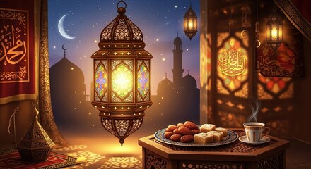 Decorative lantern glowing in a cozy room during the Ramadan holiday  