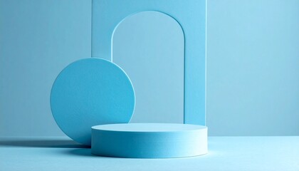 Petrol blue podium on blue background. Minimal cosmetic background for product presentation.