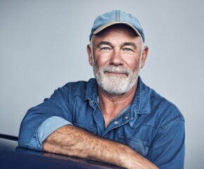 A smiling older man, dressed in denim, looks directly at the camera with a calm and approachable demeanor.