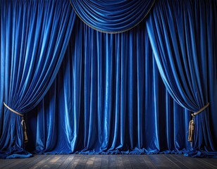 Luxurious Blue Velvet Curtains with Gold Accents and Wooden Stage Floor for Theater or Event Backdrop