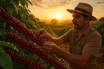 Farmer Collecting Coffee Beans. Coffee Harvest at Sunset. AI Generative.