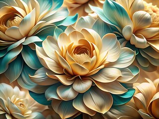 Closeup of golden lotus flowers with teal accents