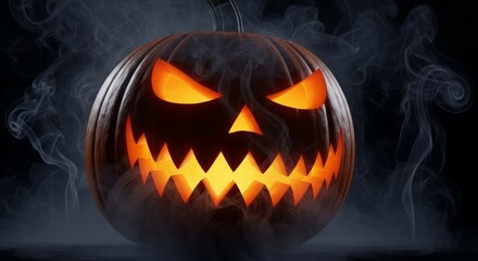 Spooky Pumpkin and Smoke on Halloween Night - A glowing pumpkin with evil eyes emerges from dark smoke. This symbolizes the spooky atmosphere, mystery, and anticipation of Halloween