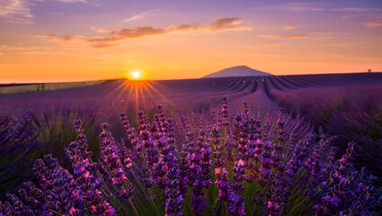 Obraz premium Sunset over lavender fields with mountain silhouette at dusk