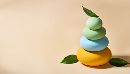 Colorful Stacked Spheres With Green Leaves On Cream Background