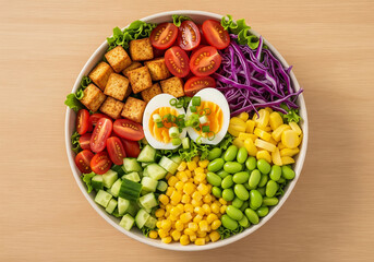 Healthy Buddha bowl with tofu eggs edamame corn and fresh vegetables