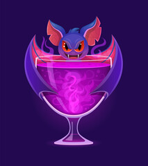 Halloween scary cocktail with monster bat vampire and hell fire, vector magic potion. Halloween holiday or horror night spooky cartoon cocktail drink glass for trick or treat party with witch bat
