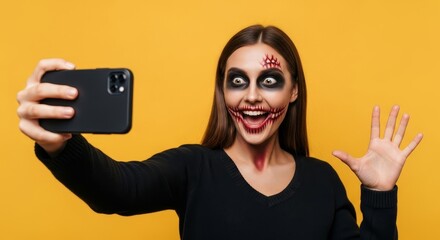 Woman with Halloween Makeup Taking Selfie - A woman with spooky Halloween makeup taking a selfie, expressing happiness. The symbolizes celebration, fun, and creativity. The background is yellow