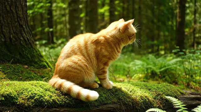 A charming ginger feline sits amidst lush green moss and foliage within a verdant forest, its patterned fur and attentive gaze adding character to the natural woodland setting.
