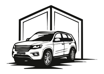 Outline of a Modern SUV Car in a Garage Setting Featuring Bold Geometric Shapes and Smooth Contours with a Minimalistic Black and White Aesthetic