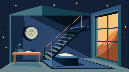 A loft bedroom with a mezzanine level accessible by a metal spiral staircase and a floortoceiling window for stargazing. © Justlight