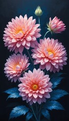 Fototapeta premium A striking arrangement of stunning pink dahlias under a warm dark backdrop exhibits beauty