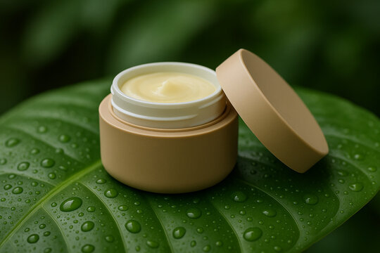 Refillable beauty jar with dew leaf &mdash; sustainable skincare concept