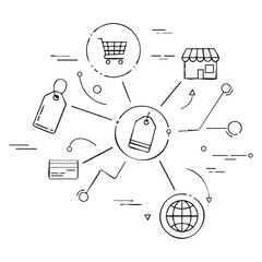 Digital Commerce Icons Representing Online Shopping, Retail Strategies, and Global Trends in E-Commerce with Various Elements and Symbolic Connections