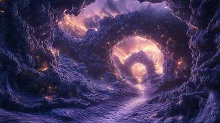 Cosmic dreamscape with a celestial path and ethereal glowing formations