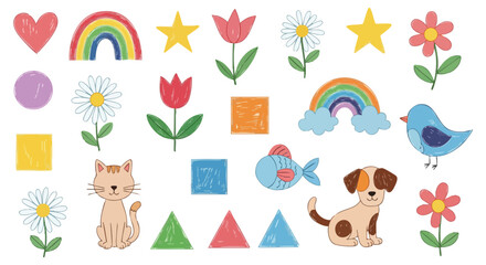 Colorful Illustrative Pattern Featuring Playful Cats, Dogs, Birds, Sea Creatures, and Vibrant Flowers with Geometric Shapes on a Light Background