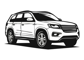 Stylized Outline Illustration of a Modern SUV Car in Black and White with Sleek Design Features and Dynamic Angles for Urban Transportation Concept