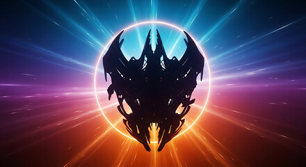 Futuristic Alien Spaceship Silhouette within Glowing Cosmic Portal abstract background