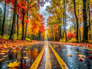 Road through autumn forest with colorful leaves