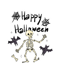 Funny Halloween composition with a dancing skeleton, smiling bats, bones and spiderwebs. Decorative spooky postcard design in a playful festive mood, great for autumn holiday cards, posters and themed