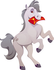 Cartoon horse character, Chinese Lunar New Year zodiac animal, vector symbol. Funny horse character with red envelope or hongbao for Chinese Lunar New Year gift and 2026 winter holiday greeting