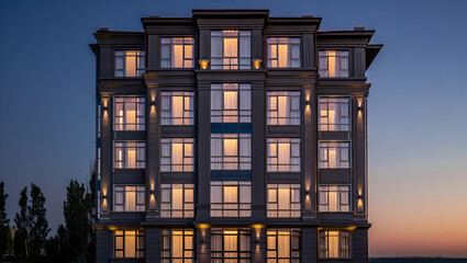 Apartment building facade at dusk illuminated windows city AI