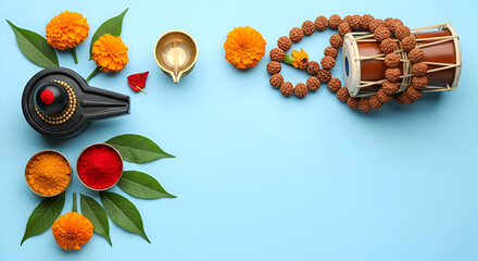 Happy Maha Shivaratri greeting card - Shiva Linga decorated with flowers, trishula, damru and bilva leaves. Hindu festival celebrated of Shiva Lord