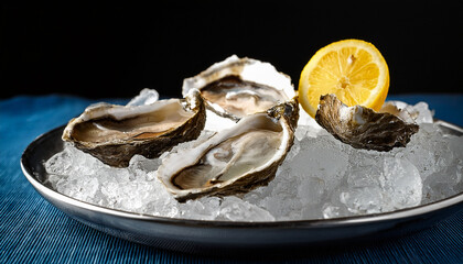 Fresh Oyster On Ice With A Slice Of Lemon Ready For Serving