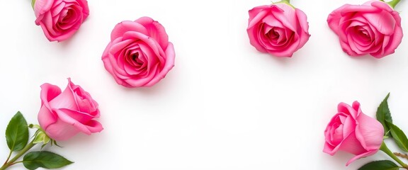 Four delicate pink roses arranged symmetrically on a pure white background,  pink,  blossom