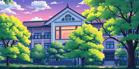 Modern Japanese school building, vibrant green trees, anime style illustration, manga, modern