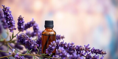 Lavender essential oil bottle with purple flowers on vibrant background, healing, still life