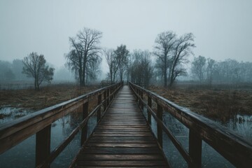 Naklejka premium wooden bridge in the fog