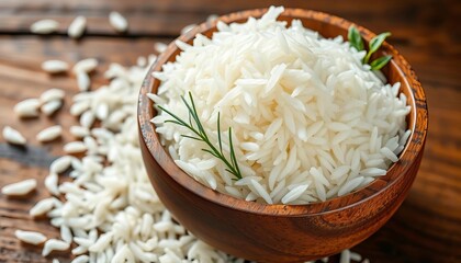 Rustic wooden bowl brimming with uncooked white rice, rustic,   wooden