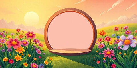 Whimsical cartoon prairie flowers in vibrant hues encircle a blank circular booth against a sunny landscape,  prairie,  advertisement