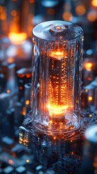 Futuristic energy cell reflecting luminous city, technological advancement representation